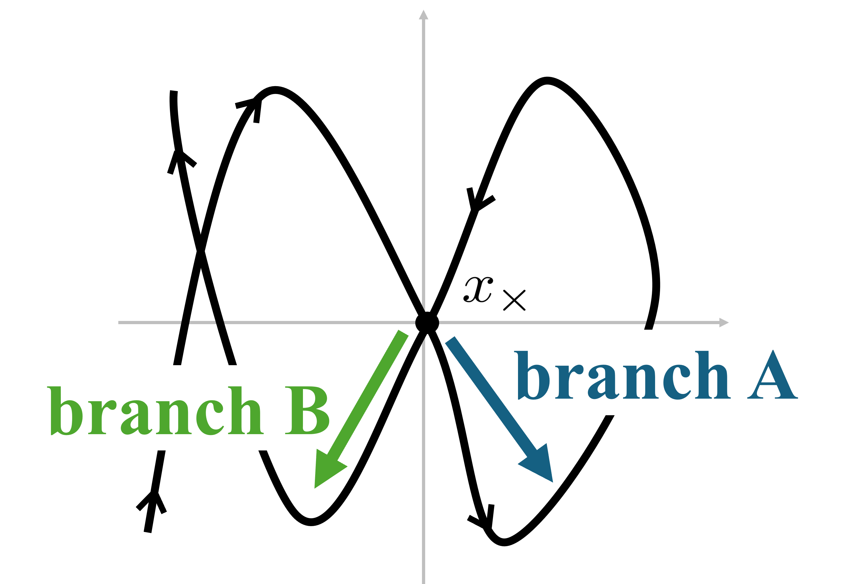Self-intersecting trajectory with two possible branches at the crossing